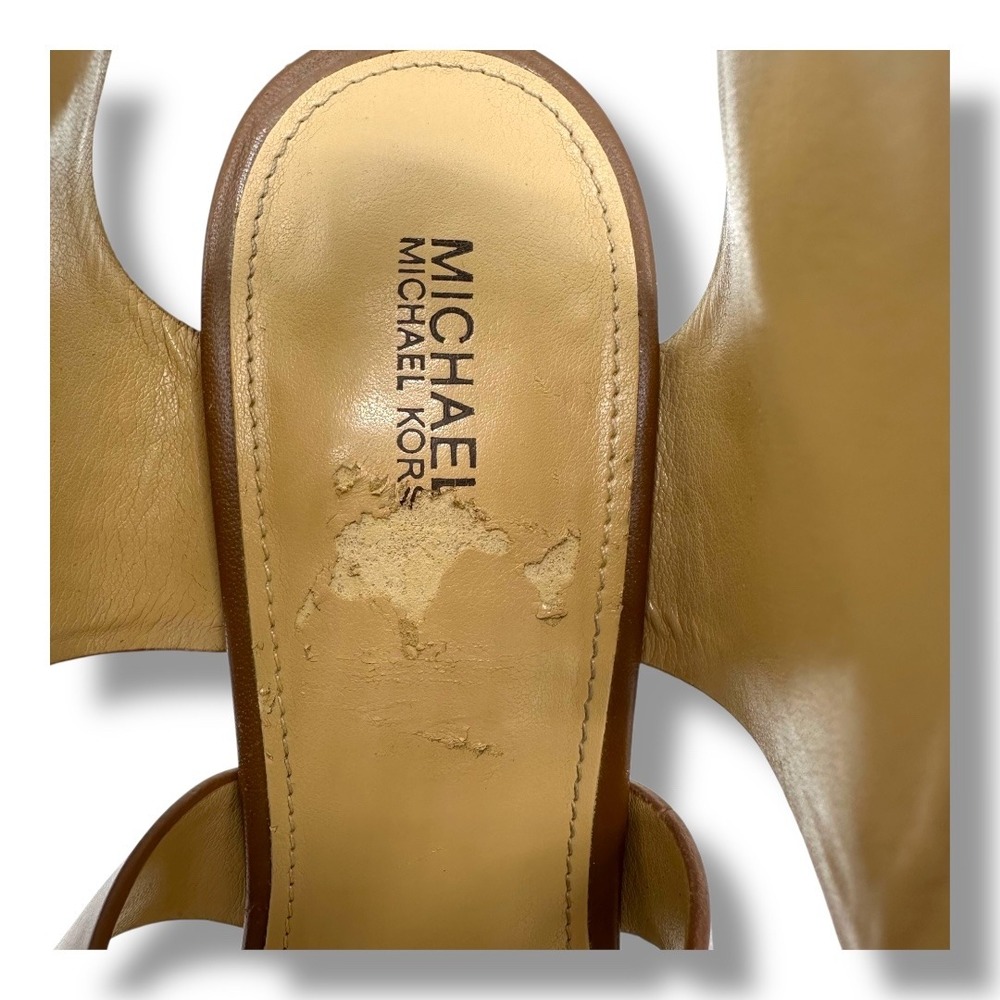 Michael Kors Womens Luggage Tan Leather Adriana Wedge Sandals Gold Buckle Sz 9.5 - Picture 10 of 16